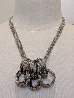 EUC 18.5" Chunky Silvertone Brutalist Necklace with Twisted Ring Centerpiece